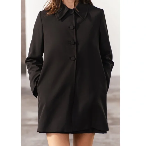 Zara Wool Blend Frock Coat Jacket Lapel collar ZW Collection Black size S NWT - Picture 2 of 16